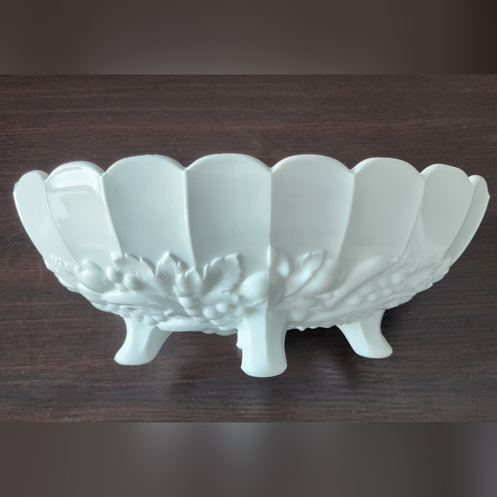 Large milk glass oval footed fruit bowl, vintage mid-century, great condition!